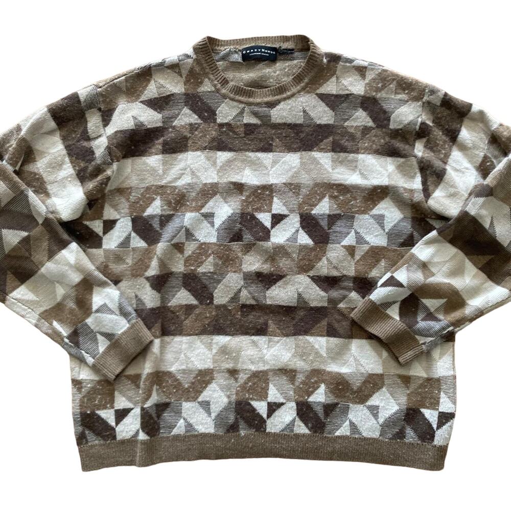 Retro 90s Crazy Horse Geometric Knit Sweater Beige Tan size L